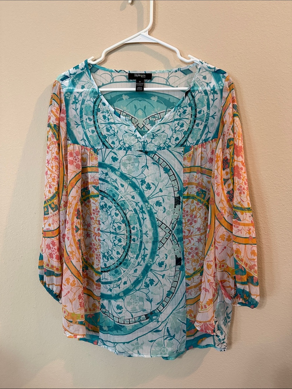 Style & Co. Teal and Coral Printed Peasant Blouse